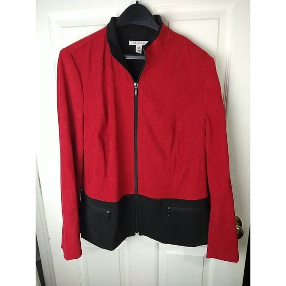 JM Collection Woman 14 Blazer Red Black Colorblock Zip Front /Pockets Suede Feel - Picture 1 of 9